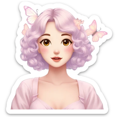 Gorgeous pastel anime style lady with blushing face and butterflies aesthetic trending style sticker