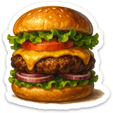 В слега рисованном, но при этом ярком и объемном стиле сгенерируй картинку сочного американского бургера, профессионально выставленный свет, который подчеркивает объем, прозрачный фон sticker