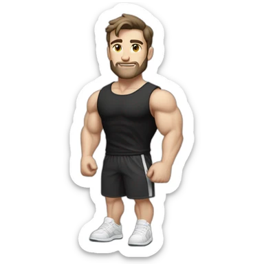 Idyll Pale skinned Fit Man With the biceps and dark brown hair in black shirt, gray sports shorts and white Sneakers sticker