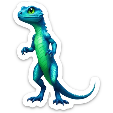 A Cyan Shiny Glossy Anthro-Lizard-Reptile-Salamandrian-Fakémon with dark-blue patterns and light-green belly Full Body sticker
