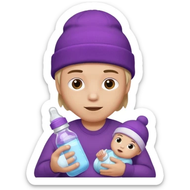 guy with beanie holding a baby bottle with purple liquid sticker