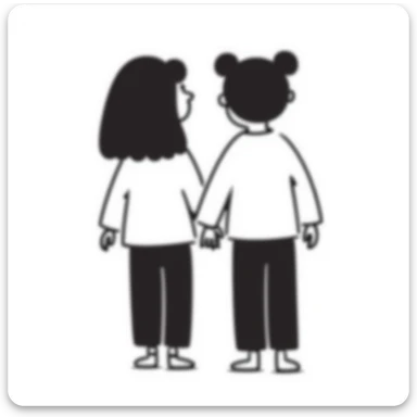 Silhouette of two identical twins seen from behind, standing side by side in pastel colors (dd9fb0, ffc6d3, a3bfc9, c4bee2, f1b091), hand-drawn doodle style sticker