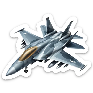 Draw a modern fighter jet with sharp wings, camo design & missiles mounted. sticker