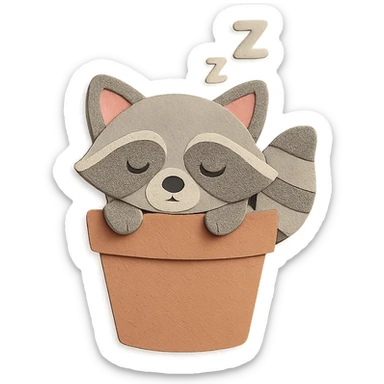 a sleepy raccoon inside a flower pot, pastel earthy colors, paper craft style sticker