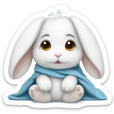 White cute fluffy bunny with brown eyes sitting wrapped in a blue blanket sticker