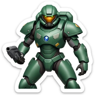 Cinematic Realistic StarCraft Terran Marine Portrait, captured in a dynamic, battle-ready stance, with every muscle defined beneath intricately detailed tactical armor in consistent dark green and grey. His steely eyes and resolute posture, rendered with dynamic, high-contrast lighting, exude raw power and relentless focus, high shine, evoking the epic spirit of a Terran Marine in combat. sticker