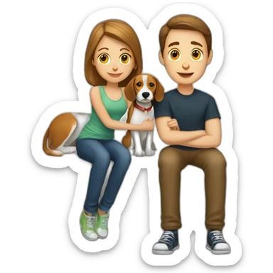 Brown hair White boy and girl with beagle Sit on couch sticker