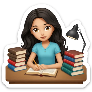 a pretty tan bratz girl with black wavy long hair studying. Pile of books on the table. No glasses sticker