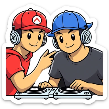 Hot handsomeb muscular 6ft tall smiling happy clean shaven ash ketchum being a  dj and his music rocks while kissing two friends sticker