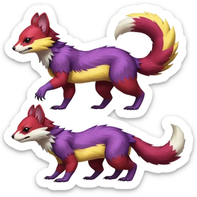 Purple, red, yellow Trico-Sergal-Furret-Ferret-Wolverine-Vernid-fusion-Fakemon-animal-hybrid-creature, full body sticker