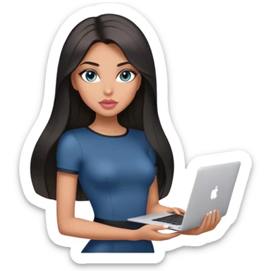 Glamours, tanned, very beautiful girl, with big pump peach-beige-rose lips, black straight smooth silky long hair, straight parting, blue-grey eyes, in short sleeves black bodysuit holding MacBook sticker