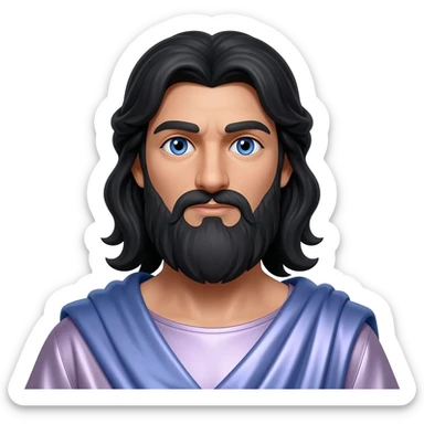 Jupiter from Roman Mythology with blue eyes, long black hair and beard, pale purple metallic tunic, light steel blue metallic cloak sticker