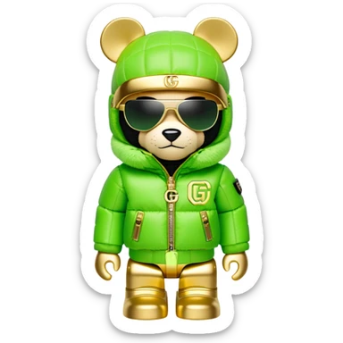 blocky bearbrick figure with cube-shaped head, lime green balaclava with integrated mirrored visor lens, Gucci logo patterned puffer jacket with lavish fur collar and cuffs, luxury statement piece, gold chains sticker