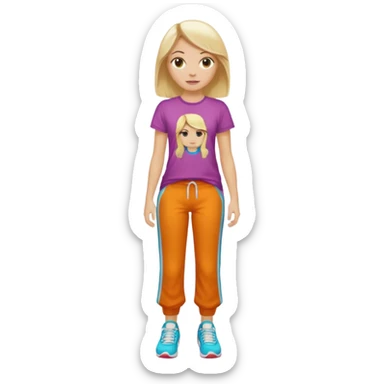 Hiphop dancer, with cute big pants, sneakers, and t-shirt. White girl blond. Coloufull shirt. No pocket pants sticker