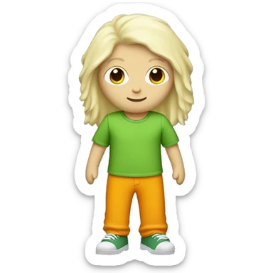 white ragdoll with orange shirt, green pants, and yellow hair  sticker