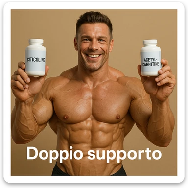 hyper realistic bodybuilder smiling showing citicoline and acetylcarnitine, defined muscles, visible labels, text 'Doppio supporto', positive atmosphere sticker
