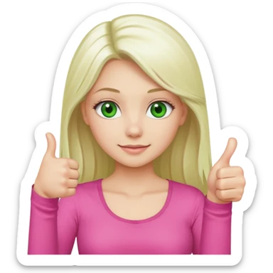 Long platinum blonde hair girl with green eyes in  pink top showing a thumbs up sticker