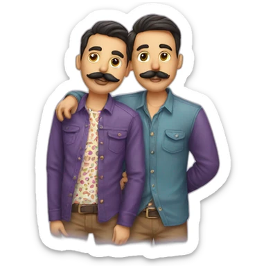 Two guys with moustache wearing printed shirts kissing  sticker