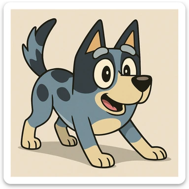 cartoon style black grey and white blue heeler dog in playful stance with big eyes and wagging tail sticker