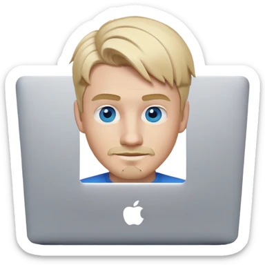 young blond male emoji character with blue eyes, modern hairstyle with hair styled forward and slight fringe, sly proud smile, thin well-groomed blonde mustache and thin sharp-cut blonde goatee, looking directly at camera, working on a MacBook, clean and stylish, tech-savvy sticker