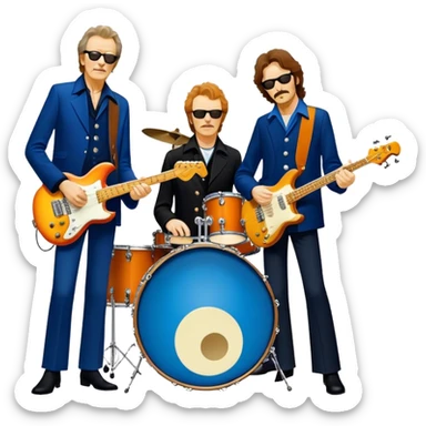 Icon for Blues Rock: collage of the band Cream, with silhouettes of the members (Eric Clapton, Jack Bruce, Ginger Baker) and symbolic items like guitars, drums and bass. The design should convey the powerful, energetic vibe of the band's music. Transparent background. sticker