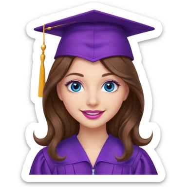 girl with long wavy brown hair, blue eyes, long lashes makeup, sexy pink lips, wearing a purple graduation cap and gown sticker