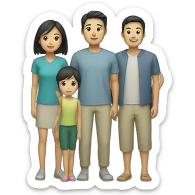 asian family with 3 children, 2 boys and a girl sticker