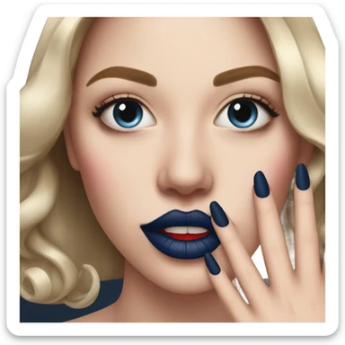 long dark blue manicure at the mouth with red lipstick sticker