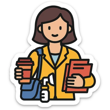 working mum with a breast pump bag, coffee cup, and files sticker