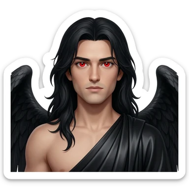 Male Fallen Angel from Christian Mythology with red eyes, long black hair, black metallic toga sticker