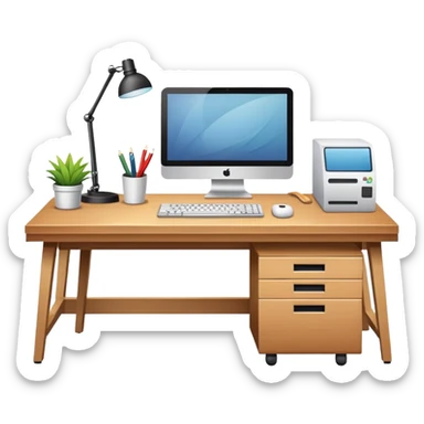 office desk with computer sticker