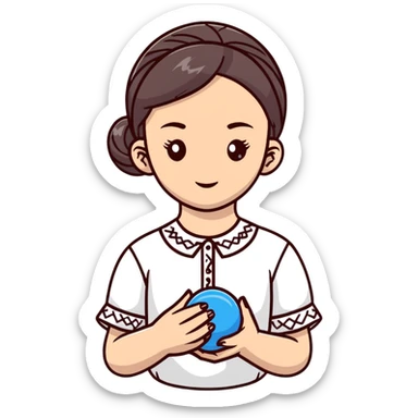 A young Ukrainian girl in a white embroidered shirt holds a ball of thread in her hand sticker