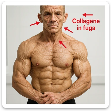 hyper realistic 25 year old bodybuilder with low collagen, aged appearance, defined muscles, skin with deep expression lines, red arrows and text 'Collagene in fuga', clinical atmosphere, white background sticker