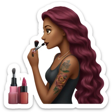 Beautiful tattooed burgundy long haired woman doing her makeup sticker