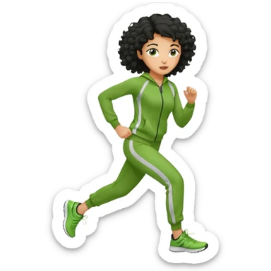 a woman with olive skin tone and curly black hair wearing green and jogging sticker