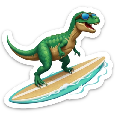 T-Rex wearing shades on surf board surfing threw the ocean sticker