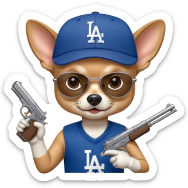 Chihuahua with Los Ángeles Dodgers cap, sun glasses and holding a gun  sticker