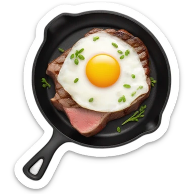 steak and egg frying in black frying pan sticker