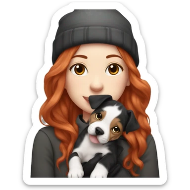Long Red haired woman in beanie with septum piercing holding black and white English Staffordshire puppy and tabby cat sticker