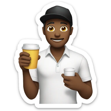 Men using a black cap with white shirt, and holding a cup sticker