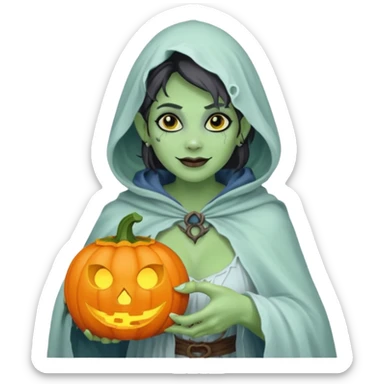 female orc ghost emoji, green skin, tusks, gentle smile, wearing flowing white ghost cloak with black eye holes, holding pumpkin lantern, faint glowing blue mist, Halloween fantasy, smooth Apple emoji style, white background, square sticker