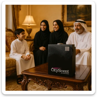 Show the CityScent air freshener machine on a table in a lavishly decorated home interior. A family in traditional Arabic clothing is present, looking comfortable and happy, enjoying the scent. The style is realistic and luxurious. sticker