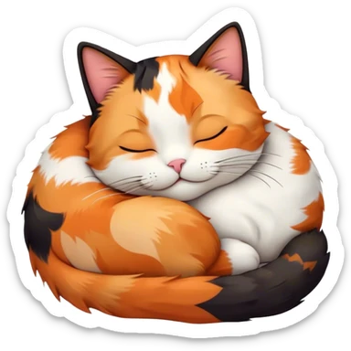 Meme-Worthy Cute Sleeping Calico Cat Portrait Emoji, Head resting peacefully with a content, gentle smile and softly closed eyes, featuring a delicate patchwork fur in vibrant orange, black, and white hues, simplified yet irresistibly endearing, highly detailed, glowing with a soft, drowsy radiance, high shine, exuding relaxed and utterly lovable charm, styled with a gentle, soft glowing outline, capturing the essence of a sleeping calico cat that appears destined to become a viral icon of adorable rest! sticker