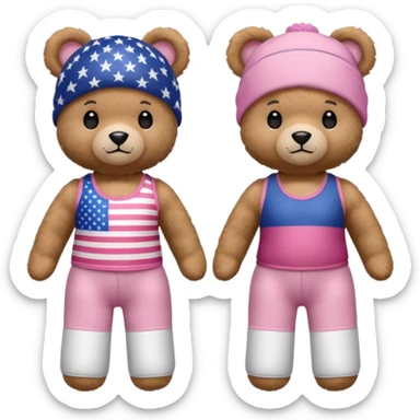 osito de peluche cafe claro con ropita rosa claro y estapado de la bandera de usa y otro con una liga de pilates en la cabeza y con ropa deportiva sticker