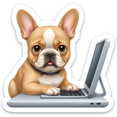 Tan french bulldog working behind computer sticker