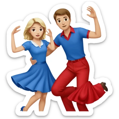 Two people. Man wearing all  RED with brown hair. Women  ALL blue with blond hair. Swing Dancing.  sticker