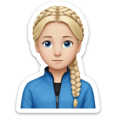 13 year old girl, blond hair in french braid, blue zip up jacket and black flear reand. blue eyes sticker