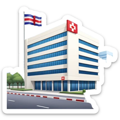 Hospital building with Thai flag waving, red cross medical symbol, Thailand flag with red white blue stripes sticker