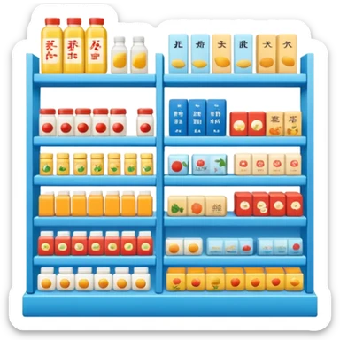 "Minimalist Japanese shelf display, identical products placed directly behind one another (same items stocked in depth), different product types arranged side by side, clean spacing, precise symmetry, soft neutral lighting, front-facing packages, ultra-detailed." sticker