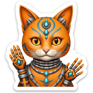cat, wear tribal shaman cloth, hand cyberborg sticker